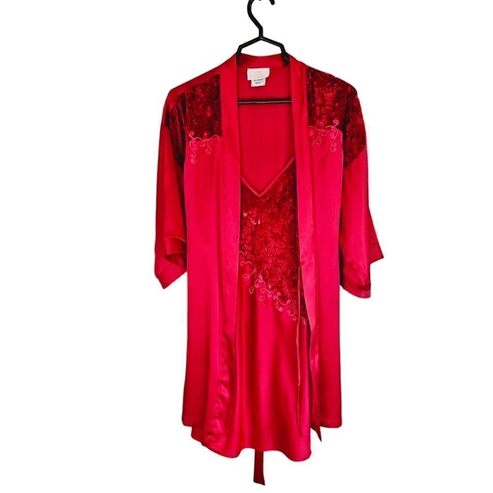 Vntg L.A. Intimates 2 Piece Red Satin Floral Velvet Embellished Robe Slip Set M